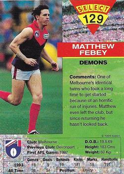 1994 Select AFL #129 Matthew Febey Back